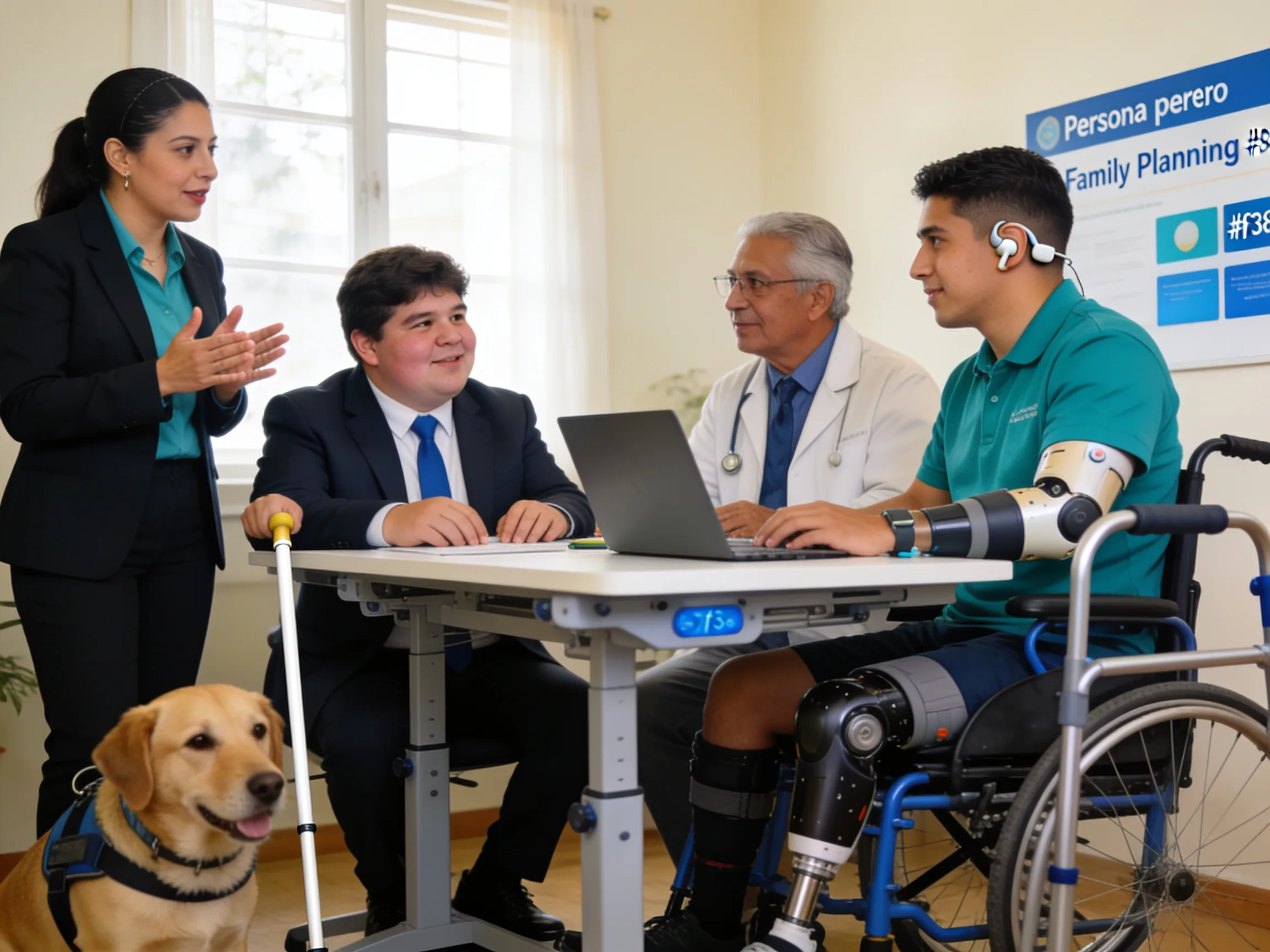 Profesionales en entorno laboral inclusivo: al menos una persona con discapacidad visible participa en igualdad (entrevista, reunión o colaboración) con apoyos razonables en escena — Transición escuela–trabajo: guía para familias.