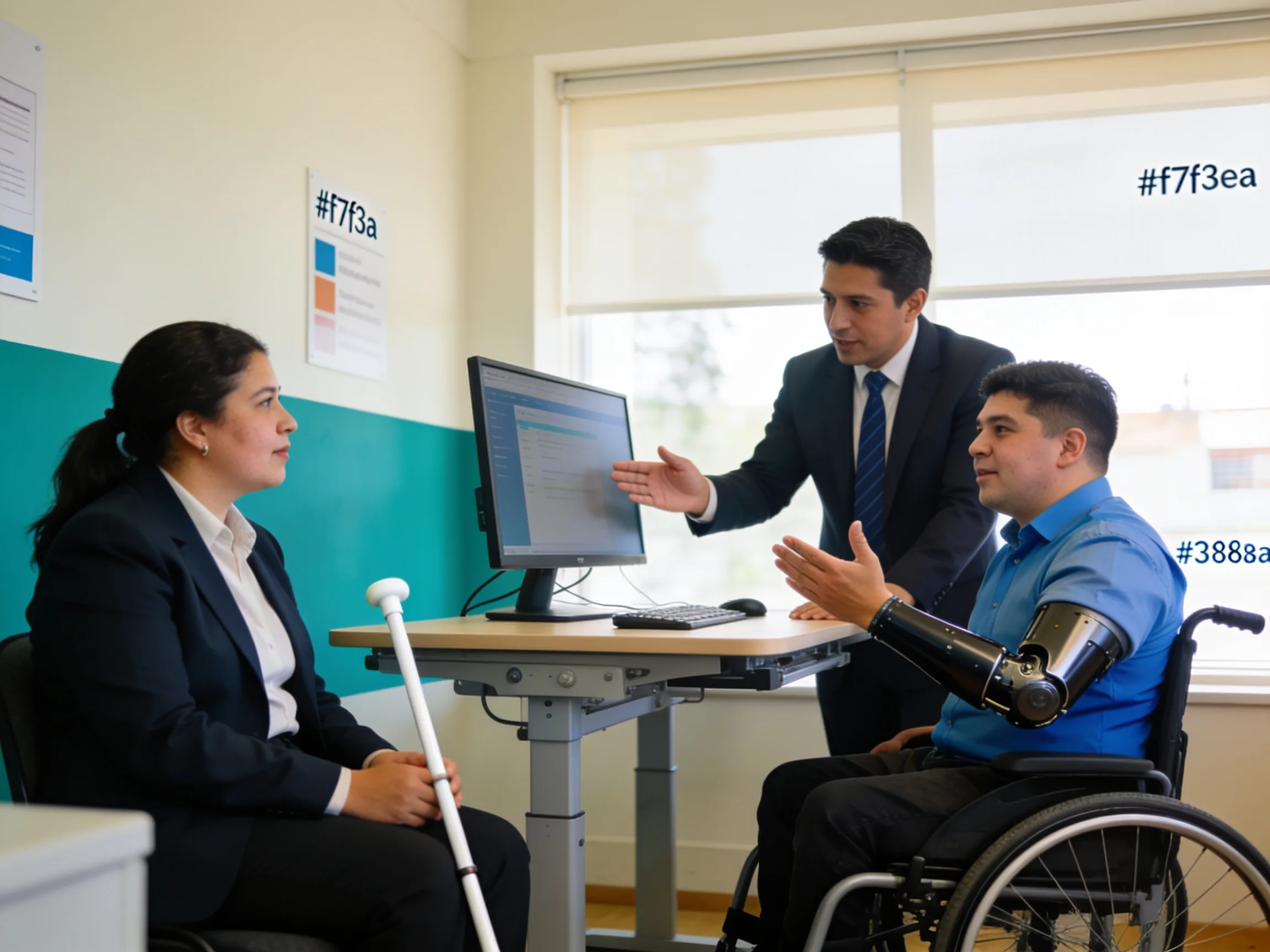 Profesionales en entorno laboral inclusivo: al menos una persona con discapacidad visible participa en igualdad (entrevista, reunión o colaboración) con apoyos razonables en escena — Ajustes razonables en el trabajo: guía México (2026).
