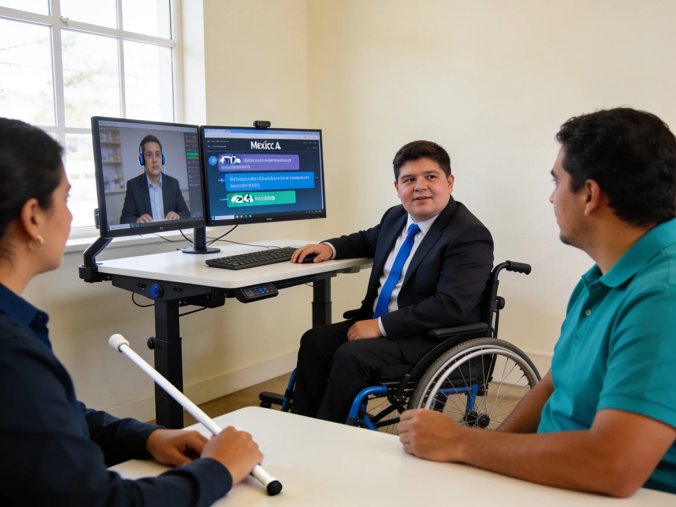 Profesionales en entorno laboral inclusivo: al menos una persona con discapacidad visible participa en igualdad (entrevista, reunión o colaboración) con apoyos razonables en escena — Ecosistema tecnológico de talento inclusivo en México.