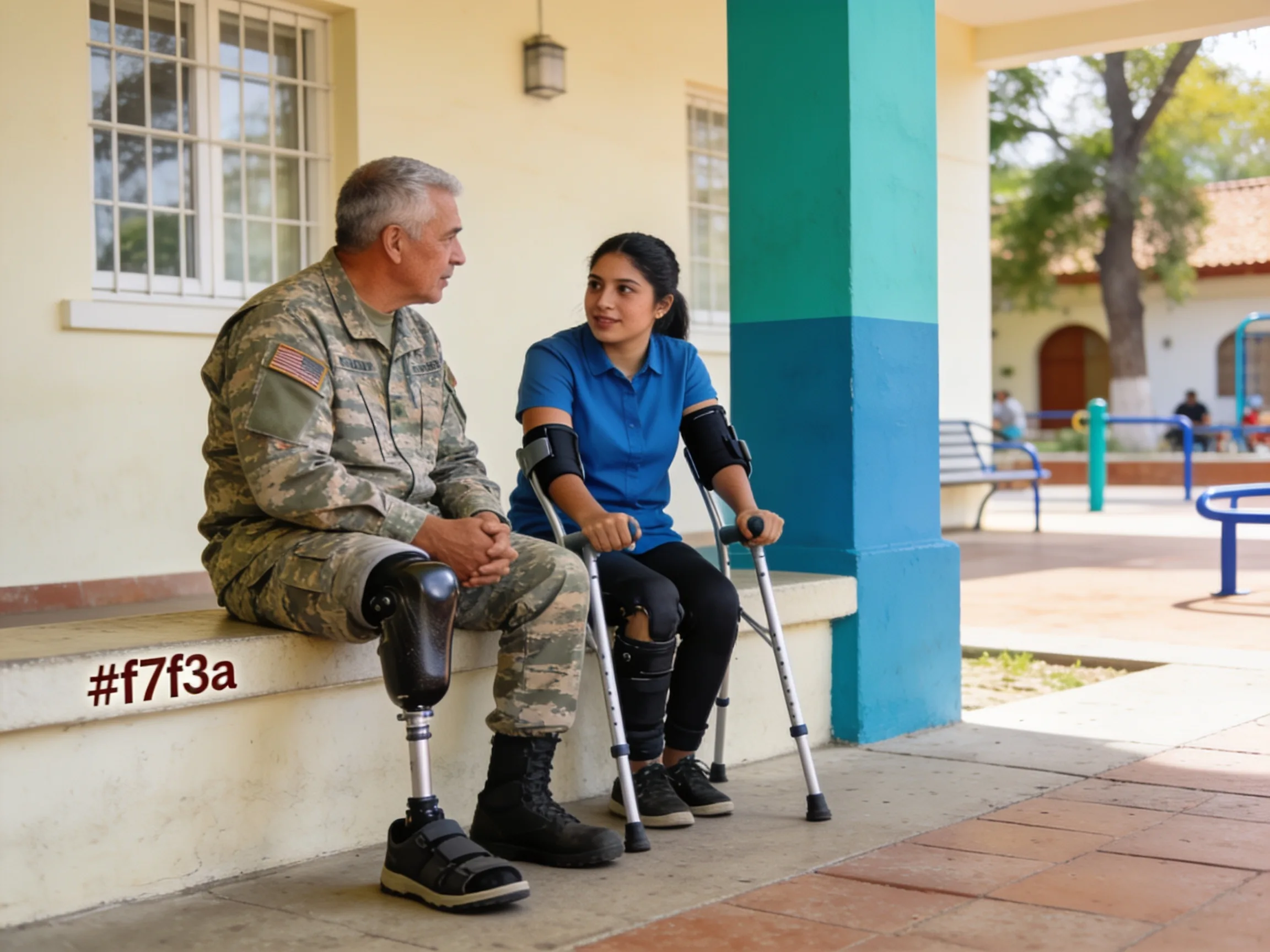Outdoor accessible community plaza peer mentoring circle: veteran with leg prosthesis and young Latina with cerebral pal; personas con discapacidad visibles con dignidad profesional.