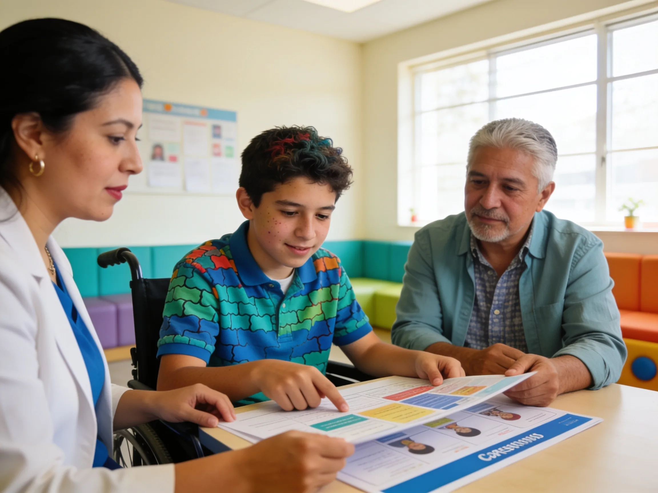 Mexican parents and autistic teenager reviewing visual career planner with family counselor at warm community resource c; personas con discapacidad visibles con dignidad profesional.