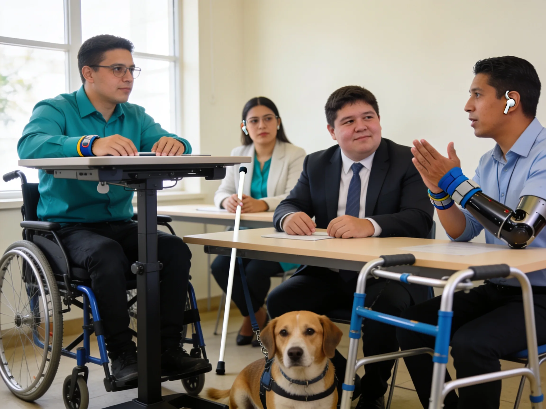 Profesionales en entorno laboral inclusivo: al menos una persona con discapacidad visible participa en igualdad (entrevista, reunión o colaboración) con apoyos razonables en escena — Guía de empleo inclusivo en México (2026).