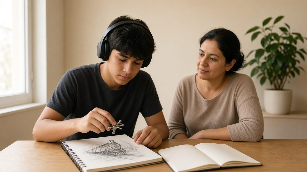 Adolescente con audífonos dibuja un tren; su madre está cerca. Guía abierta en la mesa. Autismo y neurodivergencia.