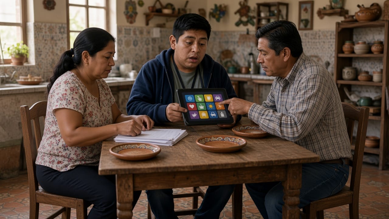 Joven mexicano con comunicador de pictogramas en la mesa de casa, madre y padre ayudando.