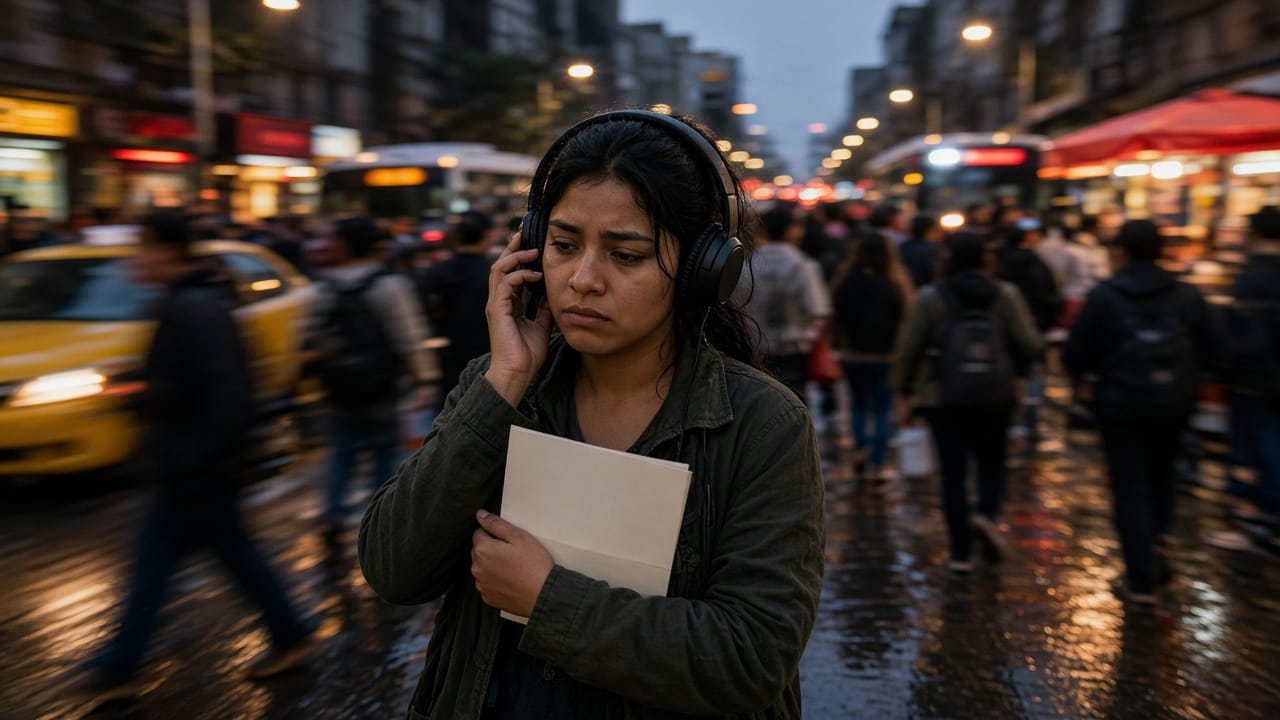 Joven con audífonos en una calle saturada de México, sostiene una guía. Una persona frente al ruido.