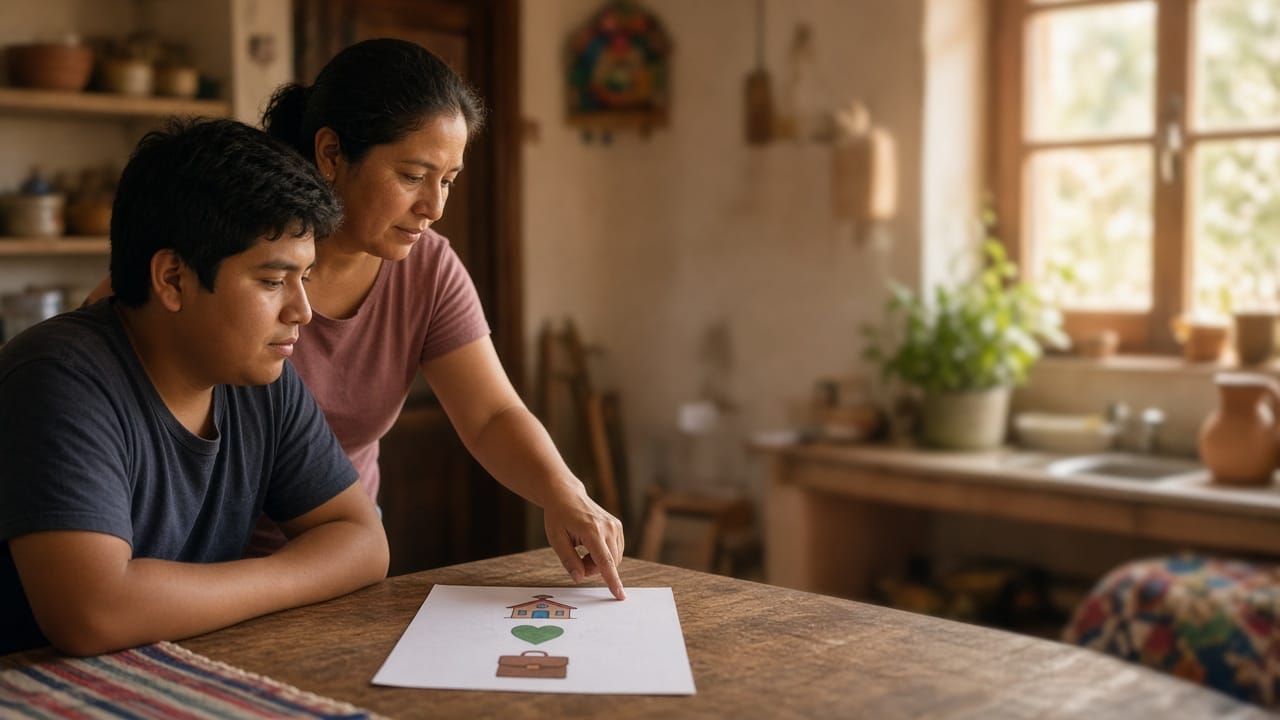 Persona con discapacidad motriz y quien la apoya revisan un plan de accesibilidad en casa en México. No diagnostica.