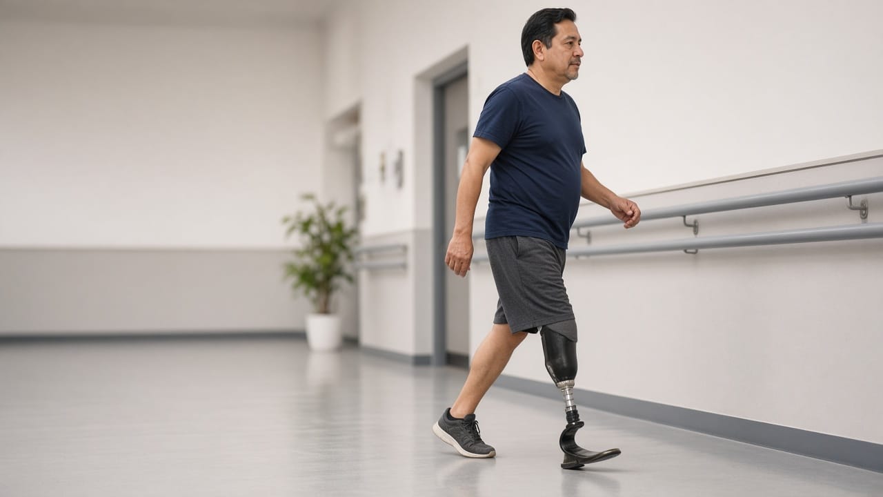 Adulto mexicano con prótesis de pierna camina en pasillo de rehabilitación con barandal.