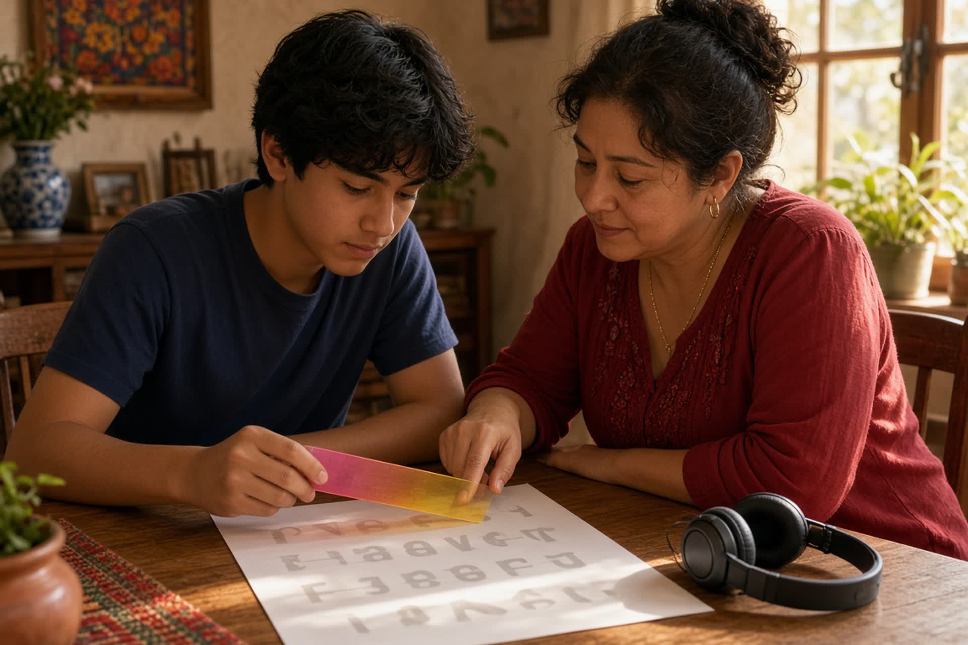 Adolescente en México practica lectura con regla de color y tipografía amplia; quien la apoya señala la línea con respeto.