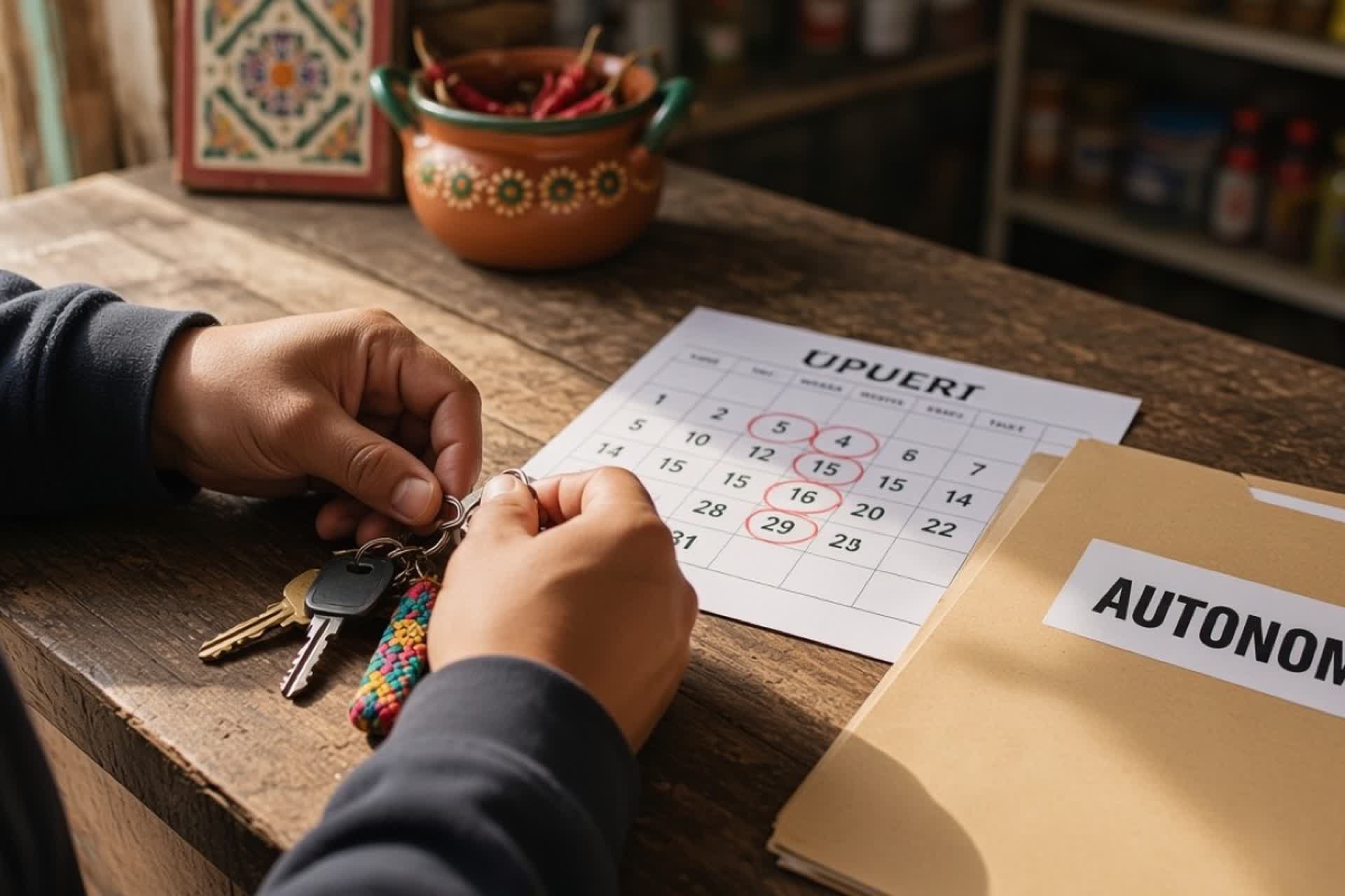 Escena de concepto editorial: ordena llaves, calendario y carpeta para una transición de vida independiente.