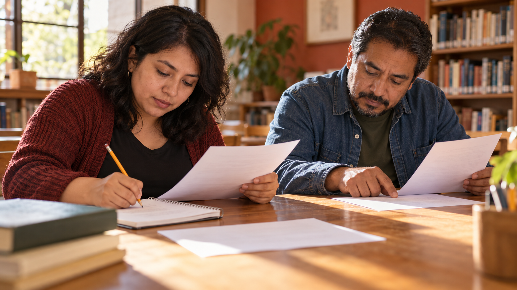 Dos personas adultas comparan una lectura y escriben notas en una mesa de biblioteca.