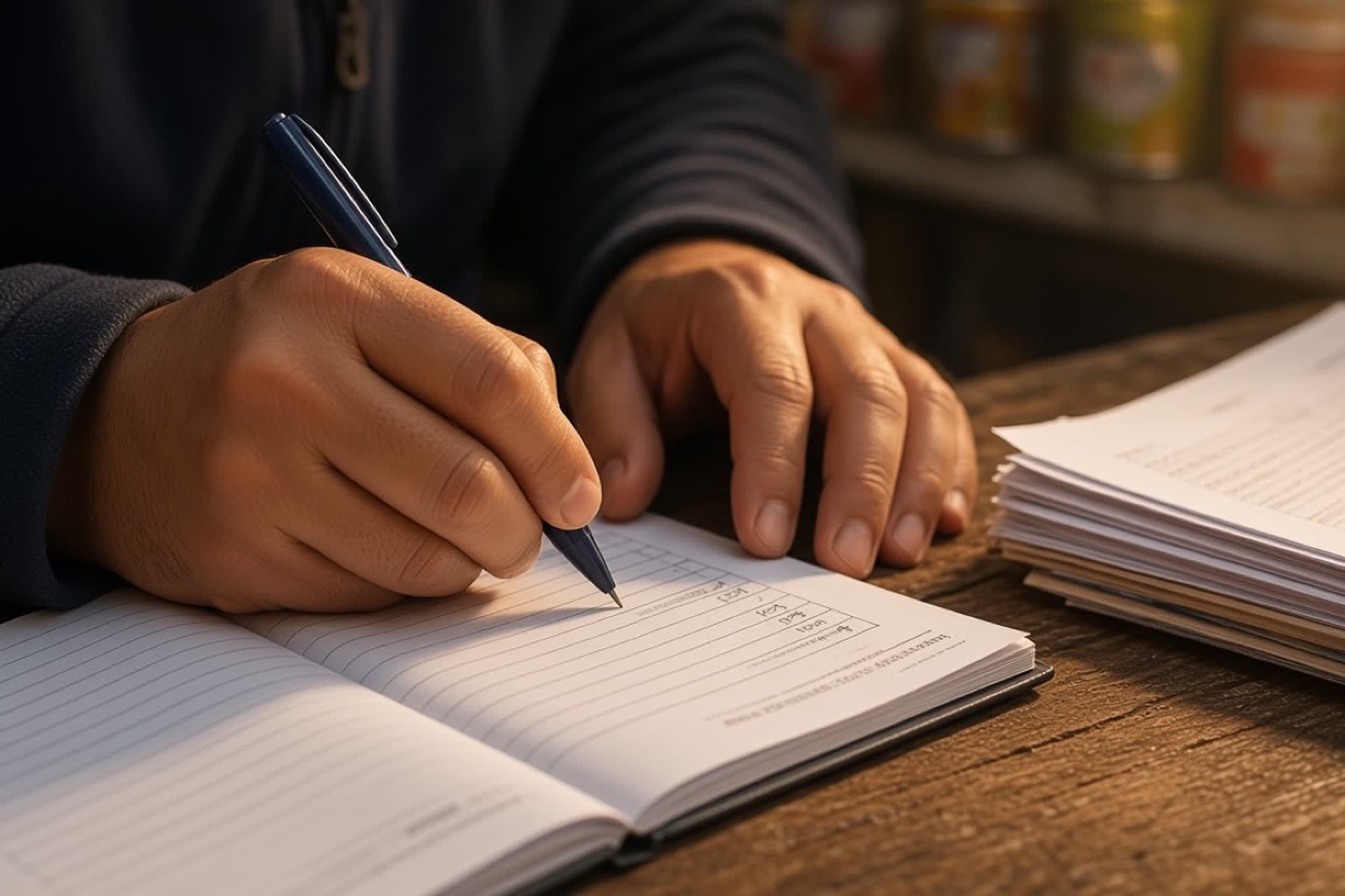 Escena de detalle significativo: marca en una libreta los documentos que llevara a una entrevista.