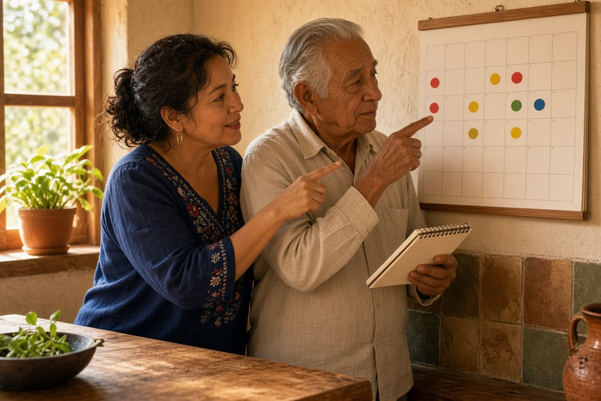 Padre mayor e hija adulta en México planean apoyos en un calendario de pared, con calma y respeto.