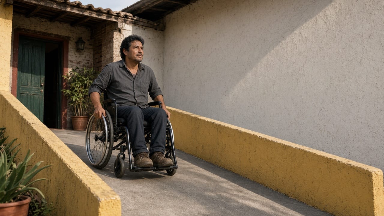 Hombre mexicano en silla de ruedas manual cruza rampa en entrada de casa con buena luz.