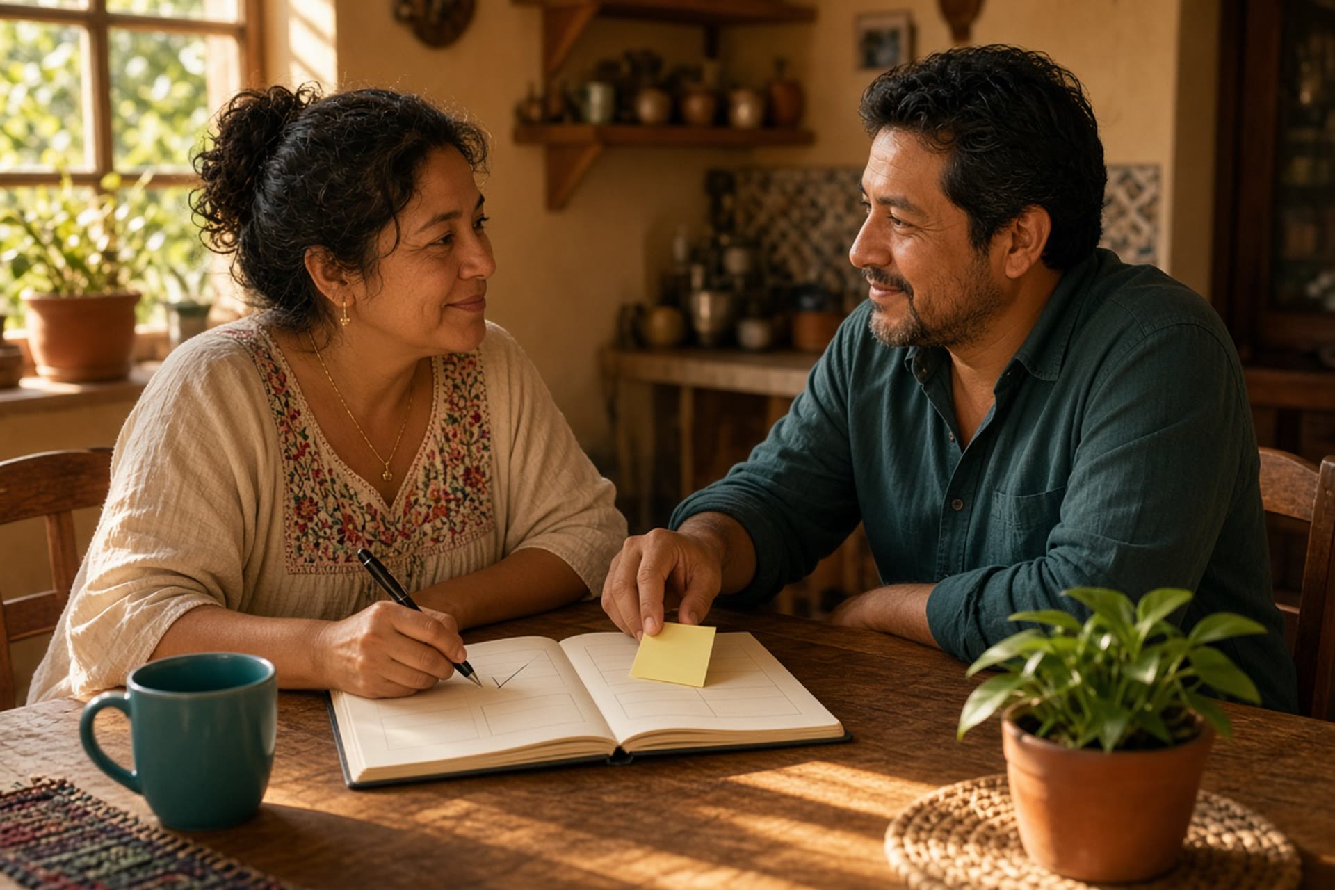 Dos adultos en México completan juntos un plan de apoyos semanal en una libreta, con respeto y calma.