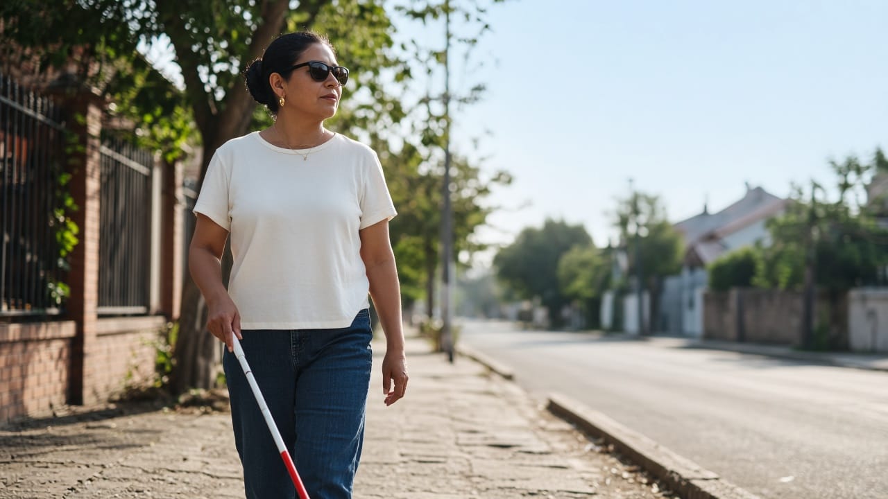Mujer mexicana con bastón blanco y gafas oscuras camina segura por acera soleada.