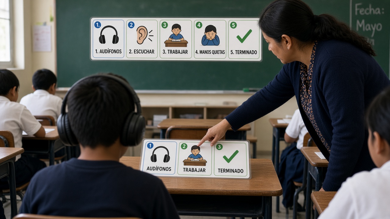 Escena de docentes: maestra adapta tarjeta pictográfica; alumno con audífonos inicia la actividad.