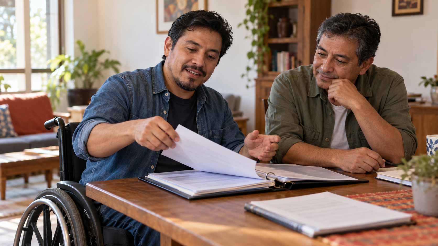 Un candidato en silla de ruedas manual organiza una carpeta de experiencia mientras conversa con un amigo en casa.