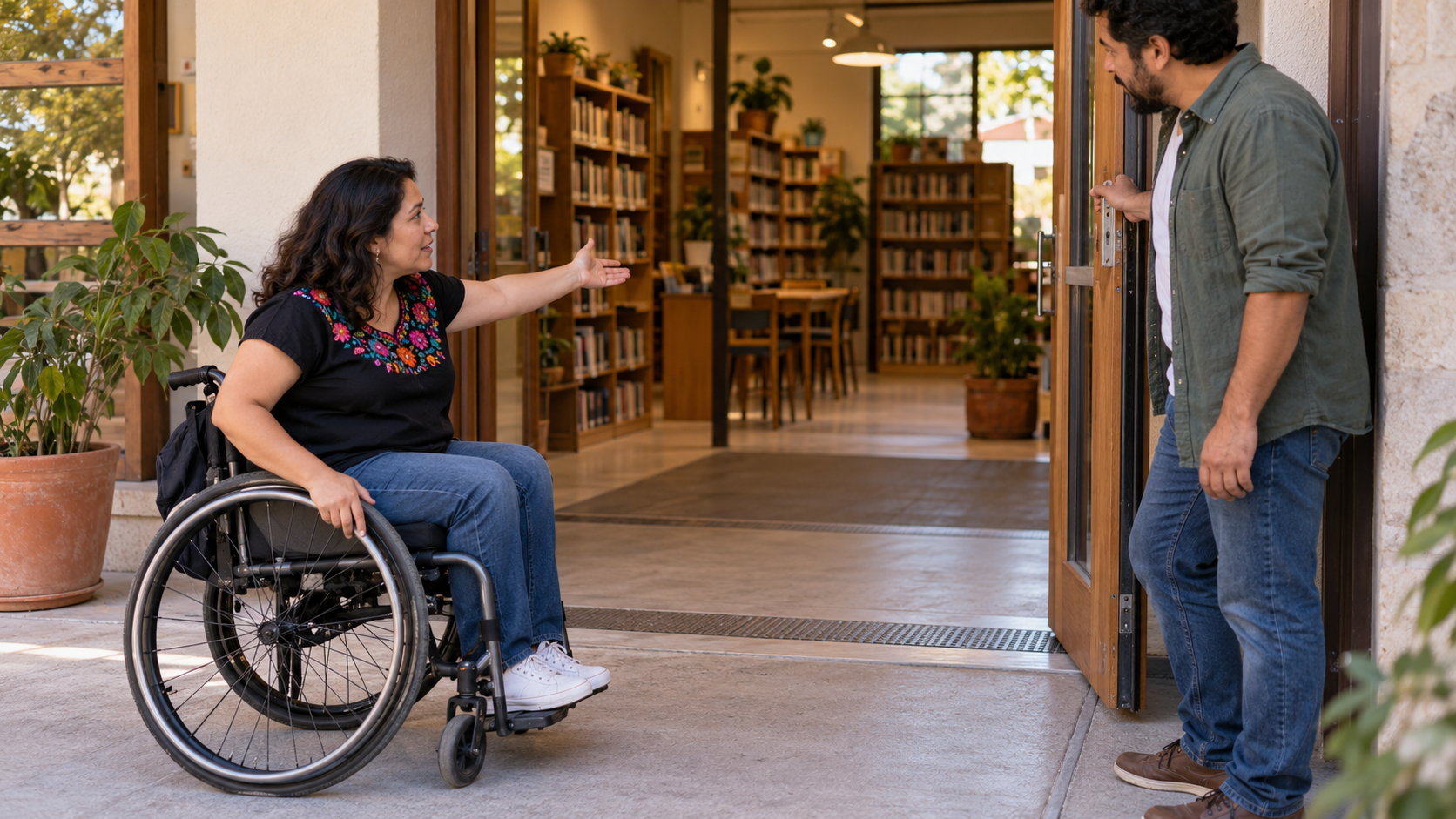 Una mujer en silla de ruedas indica el acceso a una biblioteca mientras un colega sostiene la puerta.
