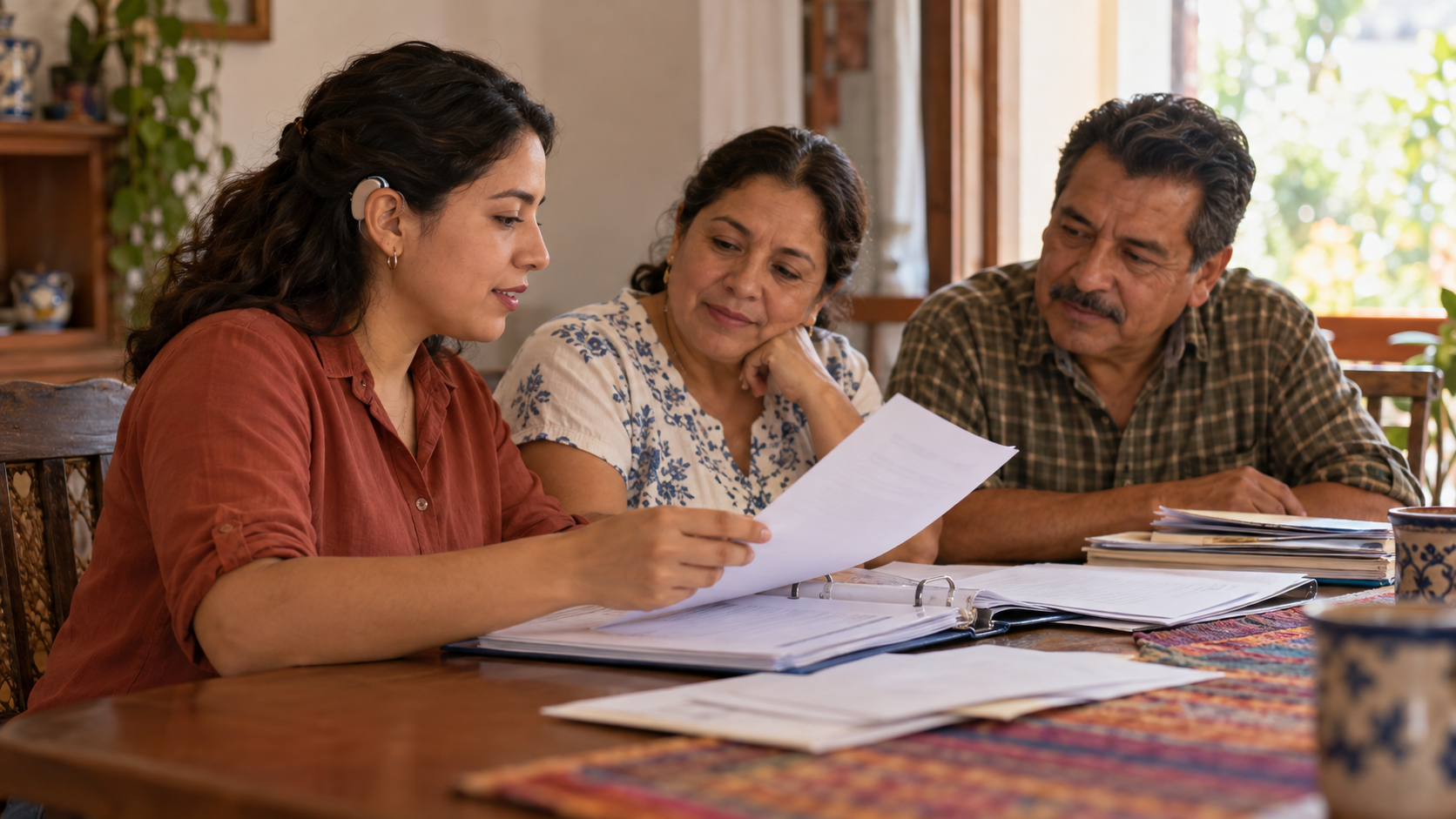 Tres familiares adultos ordenan documentos para un trámite; la protagonista usa un audífono retroauricular.