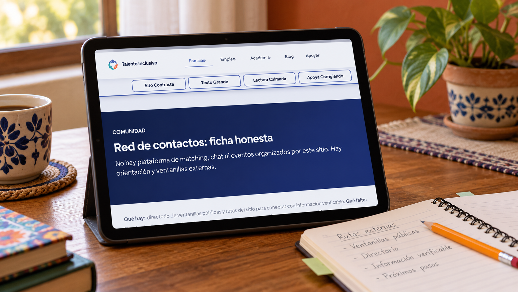 Una tableta muestra la página de Red de contactos junto a un cuaderno para anotar referencias.