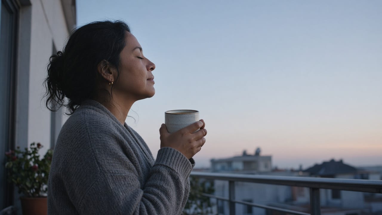 Mujer mexicana adulta respira en balcón con taza de té, ciudad suave al fondo.