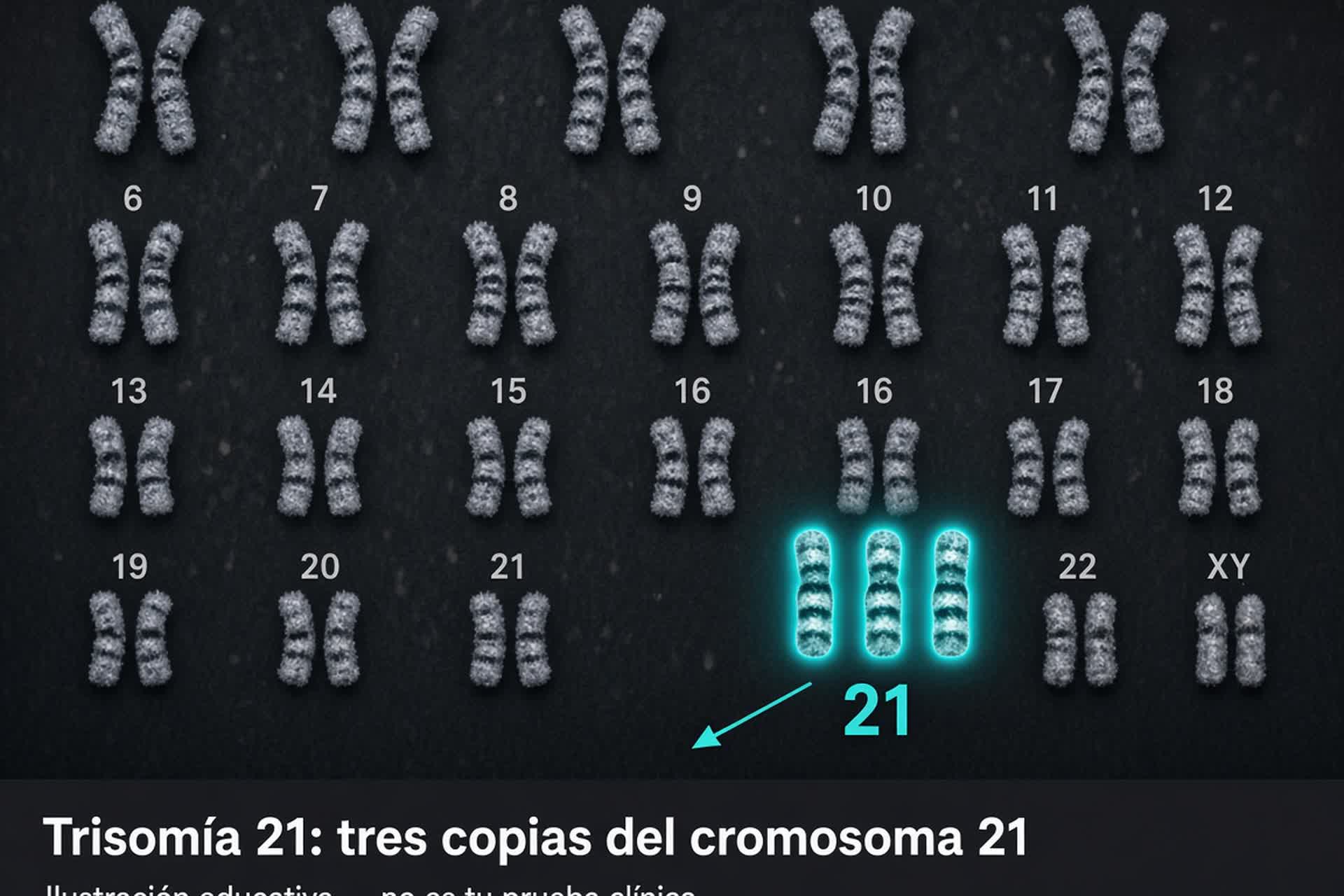 Ilustración tipo microscopio: cariotipo humano con tres cromosomas 21 resaltados; no diagnostica.