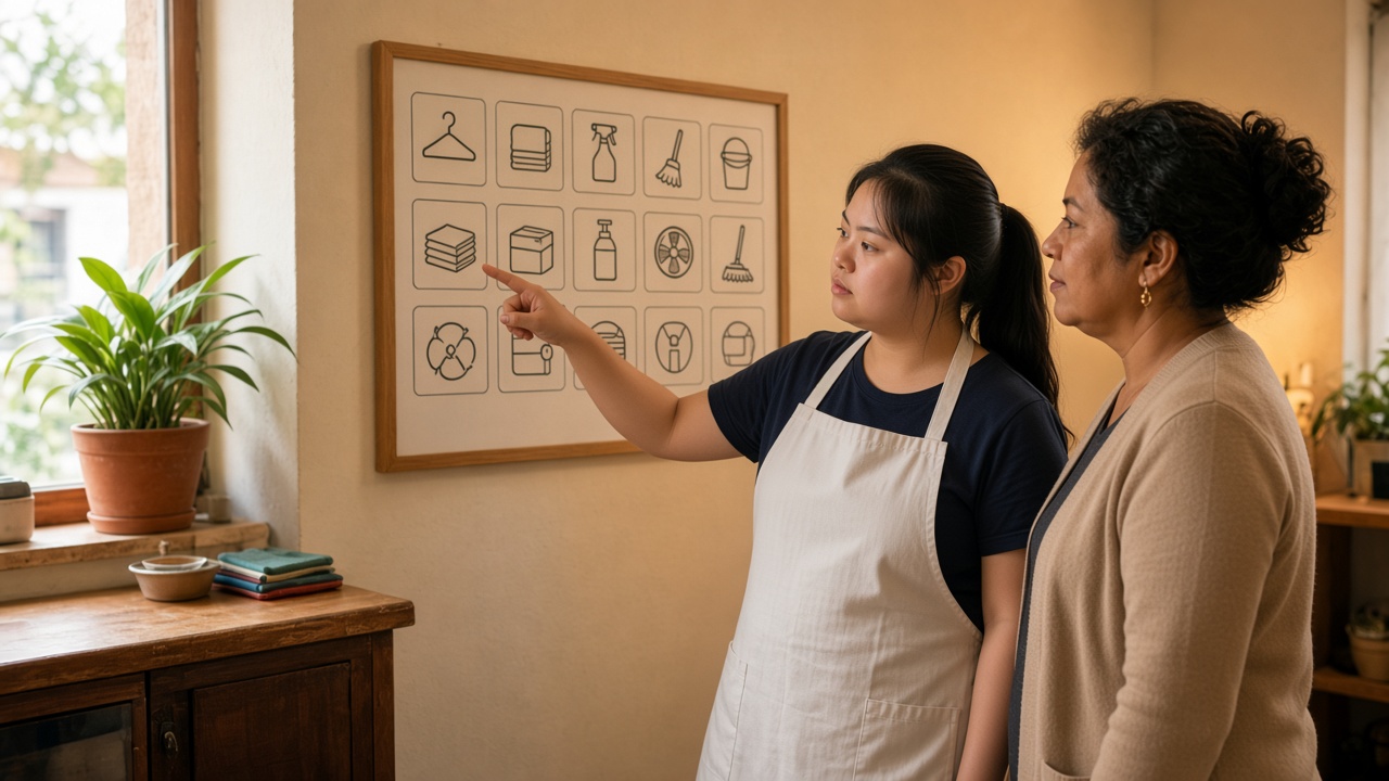 En México, joven con síndrome de Down y job coach revisan lista visual de tareas en un entorno de trabajo acogedor.